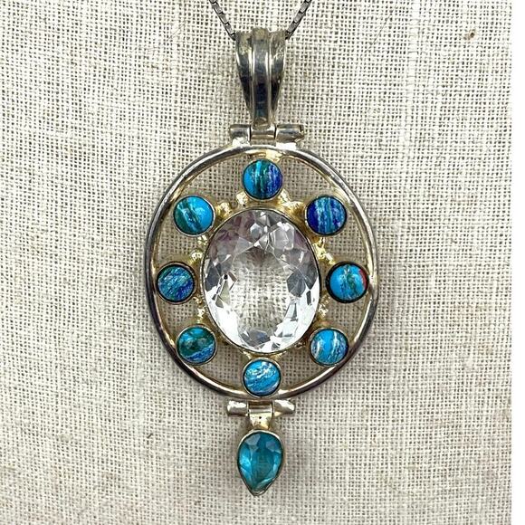 VTG 925 Silver Blue Clear Pendant Italy Chain Necklace Cluster 18" - Picture 1 of 16